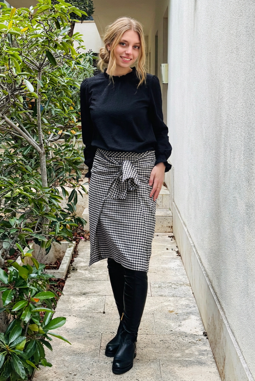 Falda Audrey Winter vichy negro y vainilla