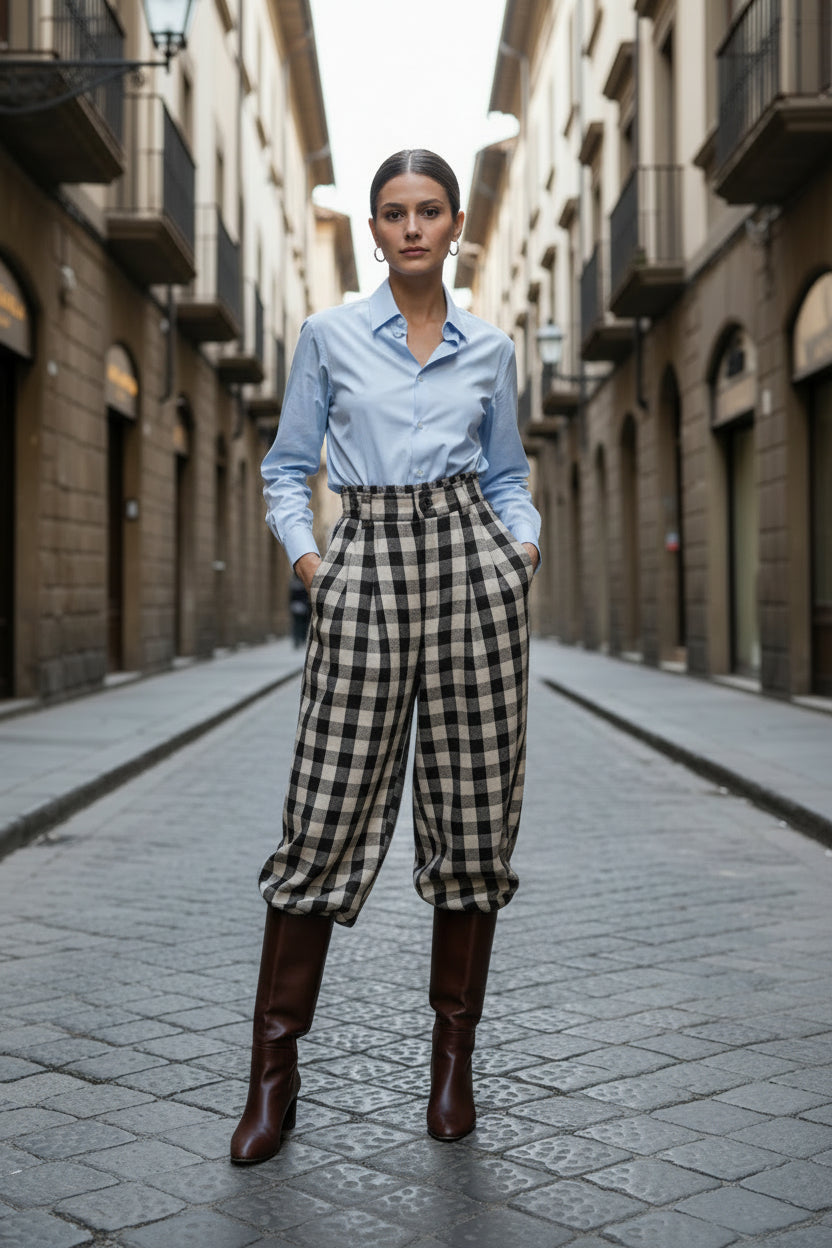 Pantalón Cristina palazzo de cuadros marrón negro y crudo con camisa azul – MEASUNT